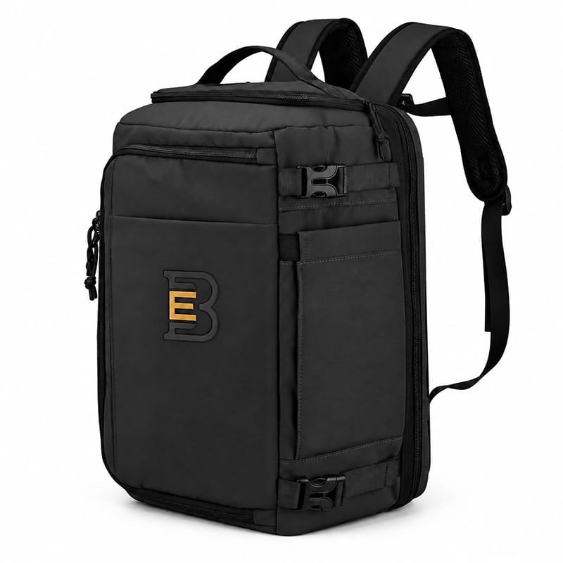 Black expandable Boldstep Essentials travel bag with a front pocket and black-and-gold logo