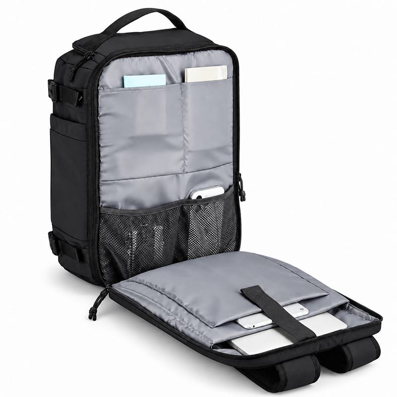 Black expandable Boldstep Essentials travel bag with a front pocket and black-and-gold logo