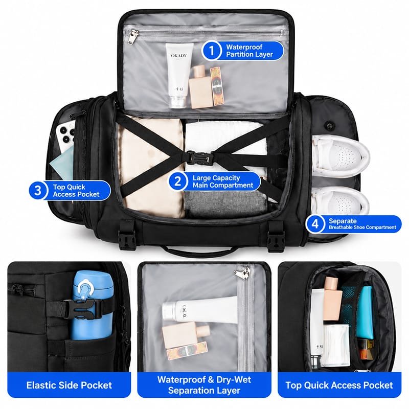 Black expandable Boldstep Essentials travel bag with a front pocket and black-and-gold logo