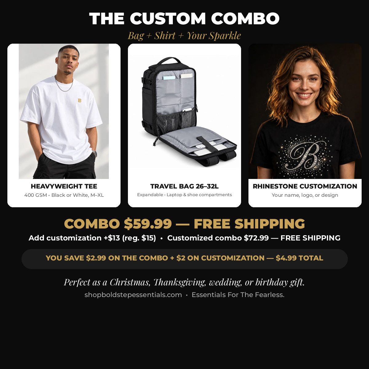 The Travel Set: 400 GSM T-Shirt + Expandable Travel Bag 26–32L — Gift Set for Travelers, Christmas , Birthdays & Weddings